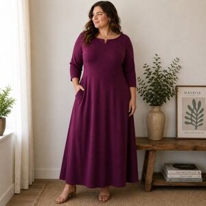 Marycrafts Plum Purple Fit and Flare Midi‎ Dress Elbow Sleeve Boat Neck Notch